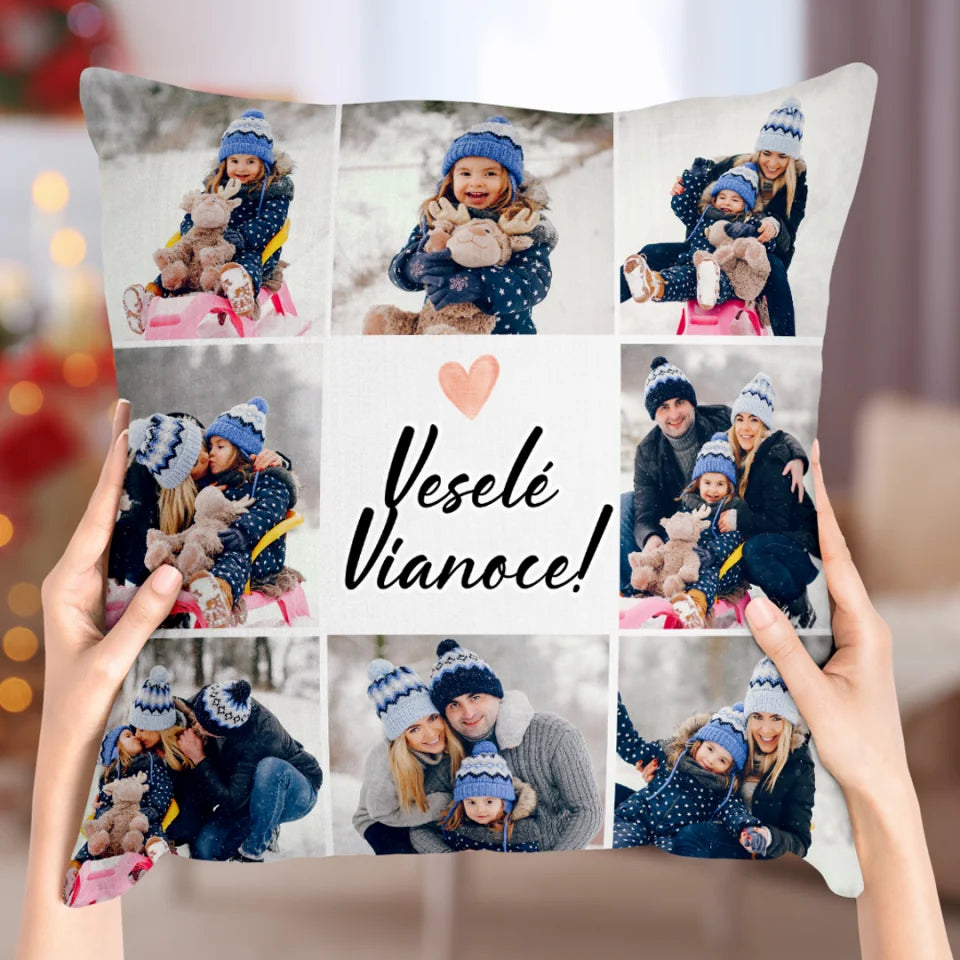 Personalizované vianočný vankúš s 8 fotografiami - Veselé Vianoce