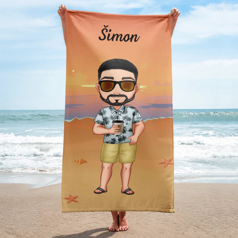 Jedinečná plážová osuška s chibi chlapcom - na pláži