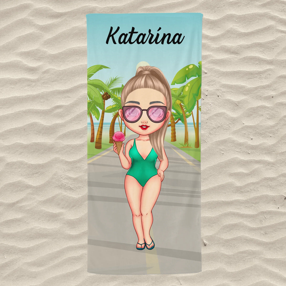 Jedinečná plážová osuška s chibi dievčaťom - na pláži