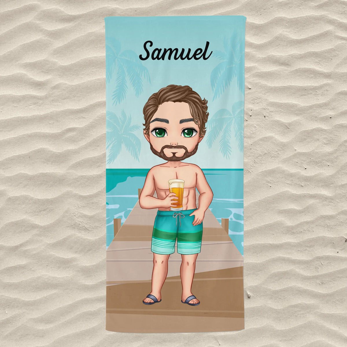 Jedinečná plážová osuška s chibi chlapcom - na pláži