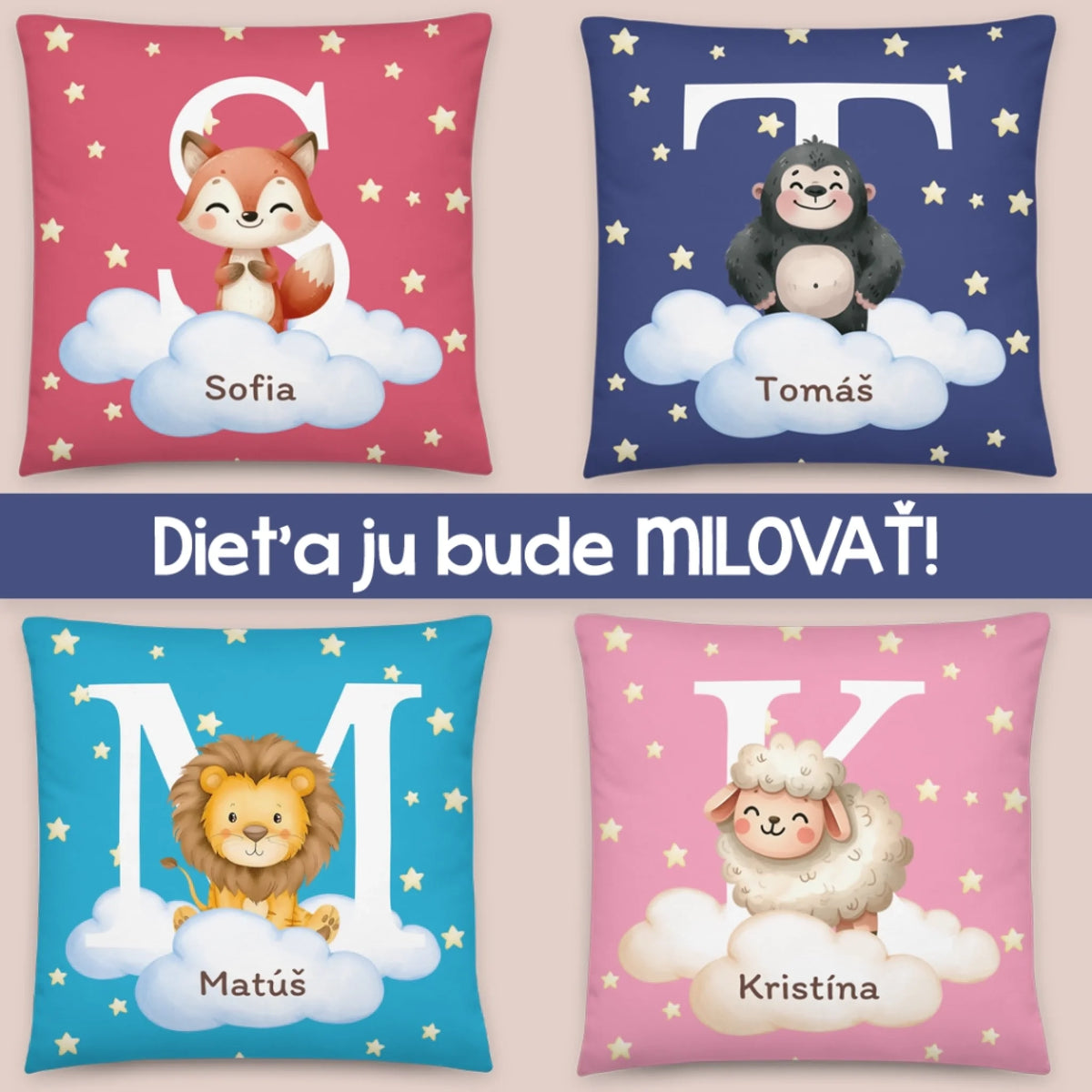 Personalizovaný vankúš pre deti s menom – roztomilé zvieratká6